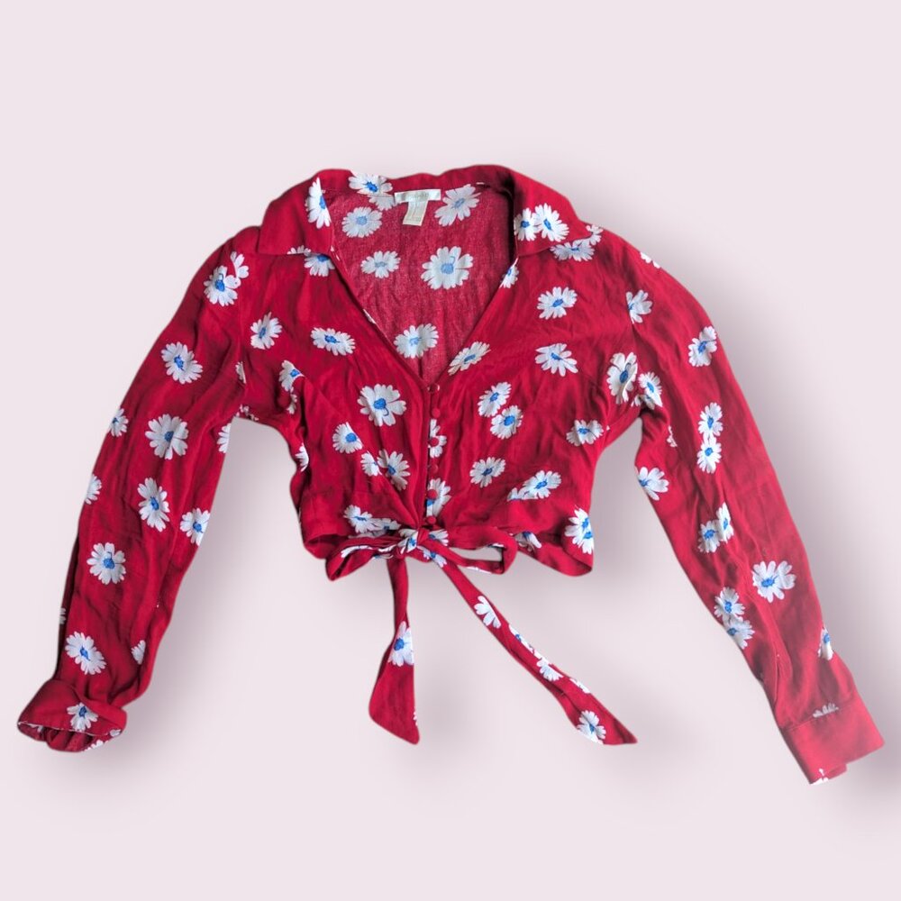 Tropical Red floral tie button up collared flowy crop top Small